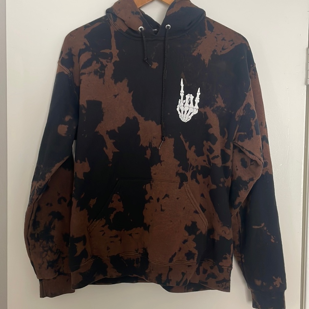 Bowery Supply Company tie-die black bleach skeleton hand hoodie